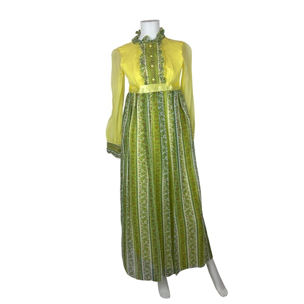 Vintage 70s Maxi Dress Juniors Sheer Yellow Chiffon Sleeves Printed Skirt Bow - Picture 2 of 13